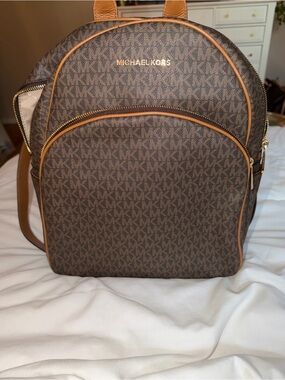 Michael Kors Brown Logo MK Signature Backpack with Tan Trim